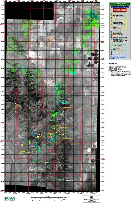 Figure 14. Map of clay, carbonate, sulfate, and mica minerals in the East Tintic Mountains and Tintic mining district, Utah, generated from high-altitude AVIRIS data.