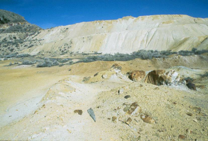 Figure 23. Pyrite-bearing waste rock in the central section of the Dragon mine, looking east.