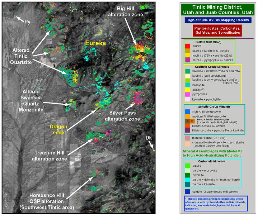 Figure 27. Subset of map of clay, carbonate, sulfate, and mica minerals derived from analysis of high-altitude 1998 AVIRIS data.