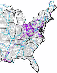 Map of United States showing the general location of NiSource pipeline rights-of-way