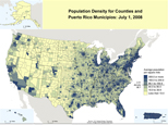 Map of Population Density for Counties and Puerto Rico Municipios: July 1, 2008