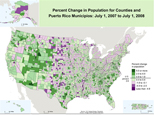 Map of Percent Change in Population for Counties and Puerto Rico Municipios: July 1, 2007 to July 1, 2008