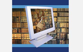 Image of a video screen with journals and old books displayed behind a lock and key.