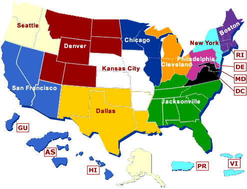 Map of the United States; Click on the appropriate section to go to the corresponding address information