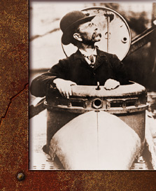 John P. Holland, head-and-shoulders portrait, climbing up hatch of his invention, the USS Holland  submarine. 