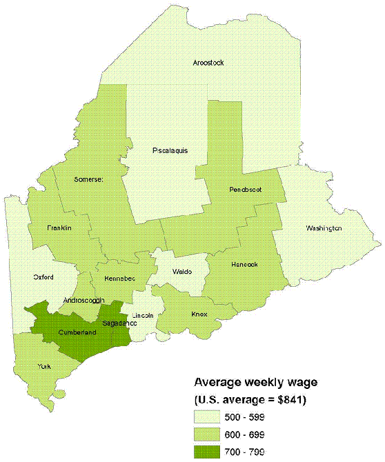 Chart 1: Average weekly wages, counties in Maine