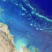 Satellite photograph of the Great Barrier Reef situated off the northerastern coast of Australia.