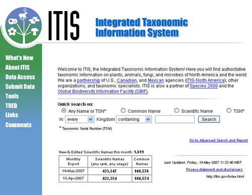 Home page of the Integrated Taxonomic Information System