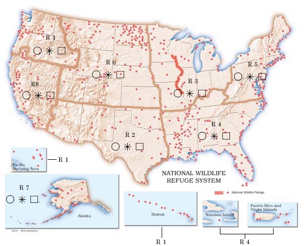 U.S. map divided into NWRS regions, with icons represented completed, current and scheduled Comprehensive Conservation Plans (CCPs) for each region