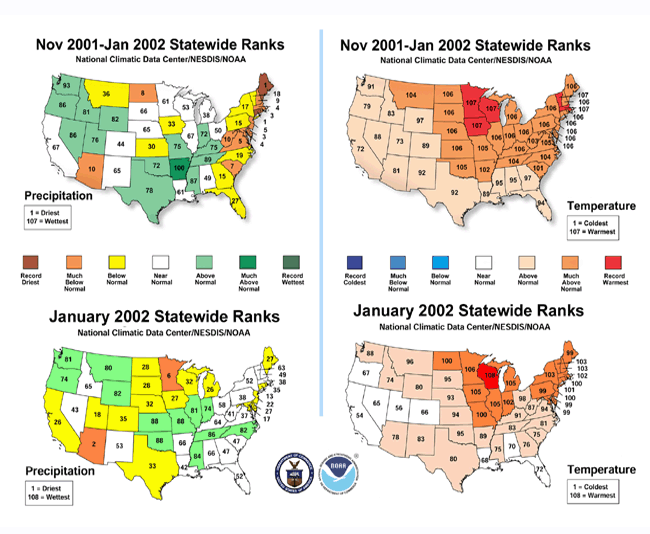 US Temperature and Precipitation Ranks for January 2002 and November 2001-January 2002