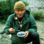 Dick Proenneke eating wild Lake Clark blueberries.