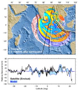 NOAA image of tsunami wave height as measured by satellites three hours and 15 minutes after the event.