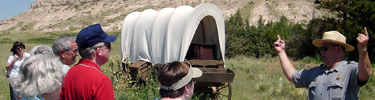 An interpretive talk at Scotts Bluff near the Murphy wagon. Photo by Jonathan S. Garcia.