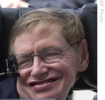 Professor Stephen Hawking smiles during a NASA press conference prior to his zero gravity flight, 26 Apr 2007