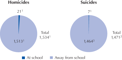 Number of homicides and suicides of youth ages 5-18, by location: 2004-05