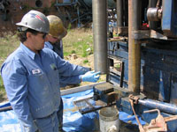 Samples of fractured rock were collected with a 4-inch coring bit and were analyzed for concentrations of volatile organic compounds (VOC's), providing a direct measure of the contaminant concentrations in the rock matrix at the Naval Air Warfare Center Research Site, West Trenton, NJ 