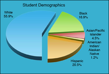 Student Demographics: White 55.9%, Black 16.9%, Asian/Pacific Islander 4.5%, American Indian/Alaskan Native 1.2%, Hispanic 20.5%