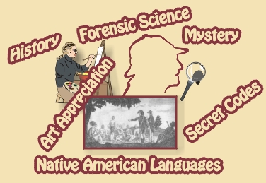 Graphic of some of the educational topics in this section such as history, forensic science, mystery, art appreciation, Native Americans Languages, and secret codes.