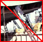 Improper placement angle of ladder; less than 4 to 1 ratio (height of ladder to horizontal distance out at base of ladder)