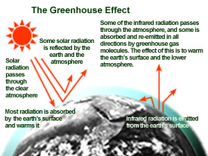 Figure 1: The Greenhouse Effect. This diagram illustrates how the greenhouse effect works.  Most solar radiation passes through the clear atmosphere to the Earth’s surface, although some is reflected back to space. The radiation that passes through is absorbed by the Earth’s surface and warms it. The warm surface emits infrared radiation back out toward space. Some of that infrared radiation passes through the atmosphere, but a portion is absorbed and re-emitted in all directions by greenhouse gas molecules, with the effect of warming the Earth’s surface and lower atmosphere.