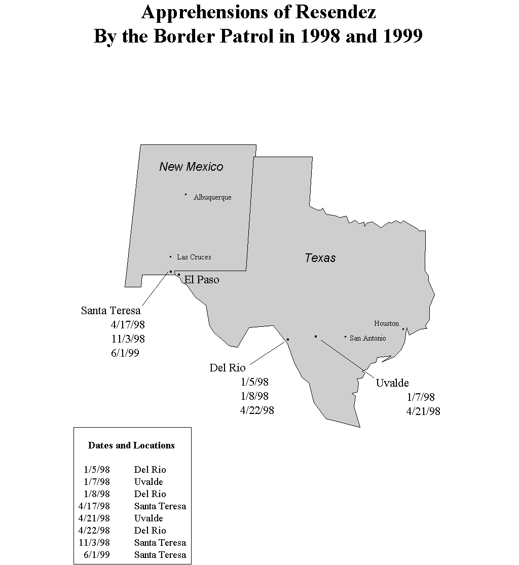 Map of Apprehensions of Resendez by the Border Patrol in 1998 and 1999