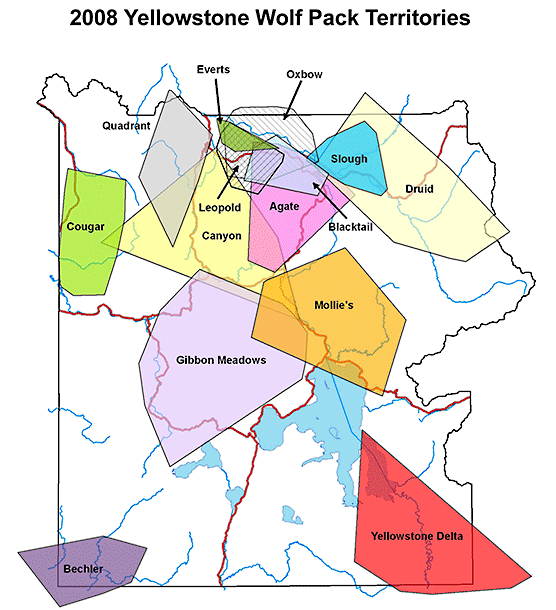 Color coded map of 2007 Yellowstone Wolf Territories