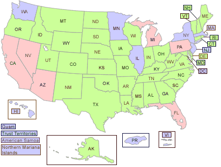 U.S. map showing the which areas are delegated, SIP approved, or combination