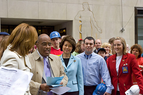 Former-U.S. Secretary of Labor Elaine L. Chao kicks off OSHA's national 2008 Teen Summer Job Safety Campaign on NBC's Today show with (pictured left to right) Weather Anchorman Al Roker, President of College/Postsecondary Division of SkillsUSA Jack Frederick and Secretary of High School Division of SkillsUSA Shelby Adsero.