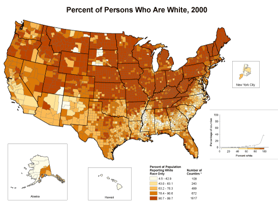 Counties with the highest percentages were located primarily in the Northern and Central regions of the United States. The frequency distribution indicates that for the majority of counties, the percentage of the population reporting white race only was between 80% and 100%.