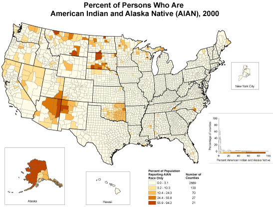 Pockets of counties with the highest percentages were located in Alaska, Arizona, New Mexico, North and South Dakota, and Montana. The frequency distribution indicates that for the majority of counties, the percentage of the population reporting American Indian and Alaska Native race was only was between 0% and 5%.