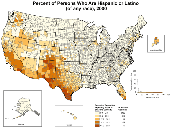 Counties with the highest percentages were located primarily in the Southwestern United States, California, and southern Florida. The frequency distribution indicates that for the majority of counties, the percentage of the population reporting Hispanic or Latino ethnicity was between 0% and 10%.