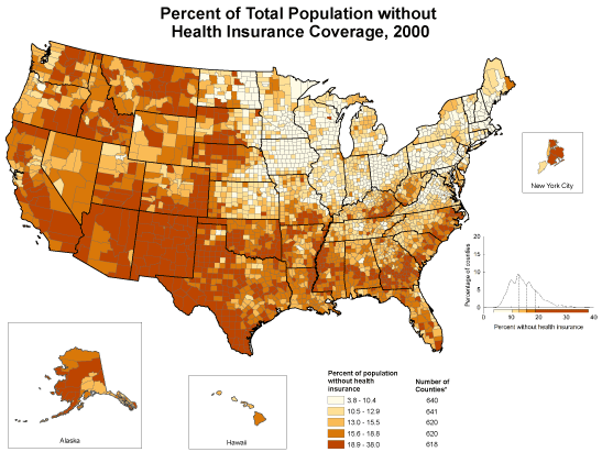 Counties with the highest percentages were located primarily in Alaska, the South Atlantic, the Lower Mississippi River, Appalachia, the Southwest, and the Pacific West. The frequency distribution indicates that for the majority of counties, the percentage of the population without health insurance coverage was between 5% and 25%.