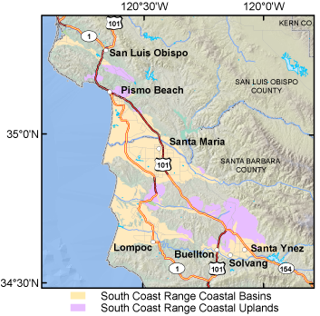 Map of the South Coast Range Coastal Study Unit.