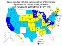 Persons Infected with the Outbreak Strain of Salmonella Typhimurium, United States, by State, September 1, 2008 to January 20, 2009