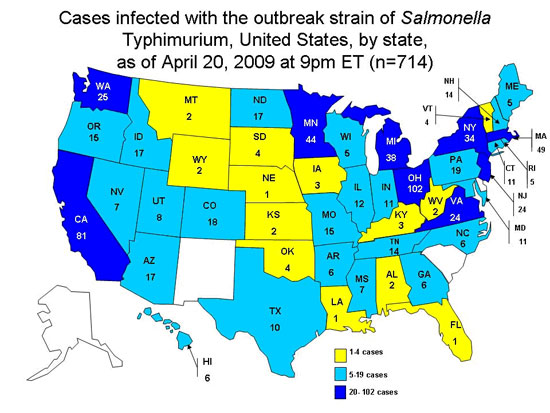 Cases Infected with the Outbreak Strain of Salmonella Typhimurium, United States, by State, as of April 29, 2009 at 9pm ET