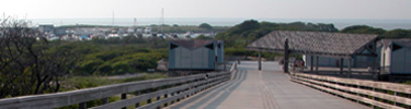 View from wide grey boardwalk overlooks the Watch Hill Marina, filled with motor boats and sailboats.