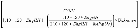 Formula: The numerator of the BRFSS CASRO Rate is the number of completed interviews.  Its denominator consists of the sum of completes, partial completes, eligible non-interviews, and the estimated proportion of cases of unknown eligibility that are eligible.  The estimated proportion of cases of unknown eligibility that are eligible is determined by multiplying the cases of unknown eligibility by a factor calculating the proportion of cases of determined eligibility that are eligible.  This factor is calculated by dividing the sum of completes, partial completes, and eligible non-interviews by the sum of this numerator and the ineligible cases.