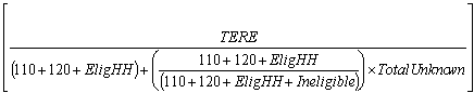 Formula: The numerator of the BRFSS CASRO Rate is the number of completed interviews.  Its denominator consists of the sum of completes, partial completes, eligible non-interviews, and the estimated proportion of cases of unknown eligibility that are eligible.  The estimated proportion of cases of unknown eligibility that are eligible is determined by multiplying the cases of unknown eligibility by a factor calculating the proportion of cases of determined eligibility that are eligible.  This factor is calculated by dividing the sum of completes, partial completes, and eligible non-interviews by the sum of this numerator and the ineligible cases.