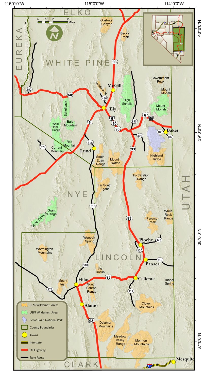 Map showing the wilderness areas in the Ely Nevada District 