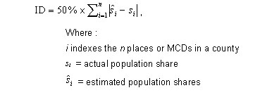 The index of dissimilarity for a given county is equal to 50 percent times the sum of the absolute value of the differences between estimated and actual population shares of all subcounty areas within the county