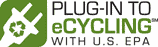 the words Plug-In To eCycling with US EPA  beside an image of a plug with the recycling logo (three circling arrows)