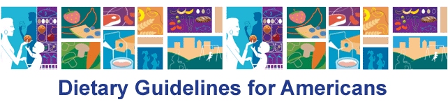 Dietary Guidelines for Americans logo featuring images of the five food groups and of community excercise