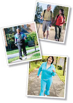 Three images depicting older adults walking.