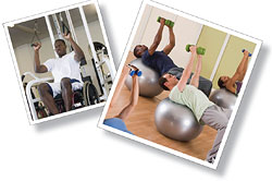 Images of a man in a wheelchair lifting weights and a pilates class using free weights.