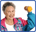 Photo of an older woman lifting weights in an exercise class