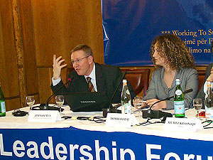 Jim Loftus, discribed modern techniques used in the last U.S. elections, while Donika Kadaj, Member of Parliament listened.