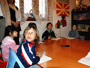 Attentive Roma pupils listen to a classroom lecture.