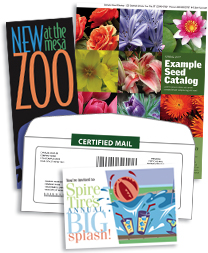 images of brochure, catalog, certified mail, and postcard direct mailings