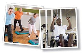 Two images showing a group of older people in a step class and a man in a wheelchair doing strength training.