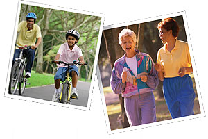Two images of a child and adolescent riding a bike and of two older adults wallking.